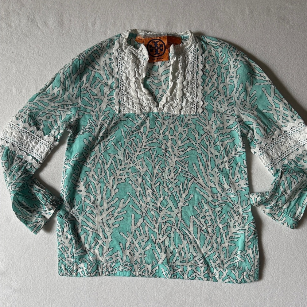 Tory Burch Teal and White Lace Accent Blouse